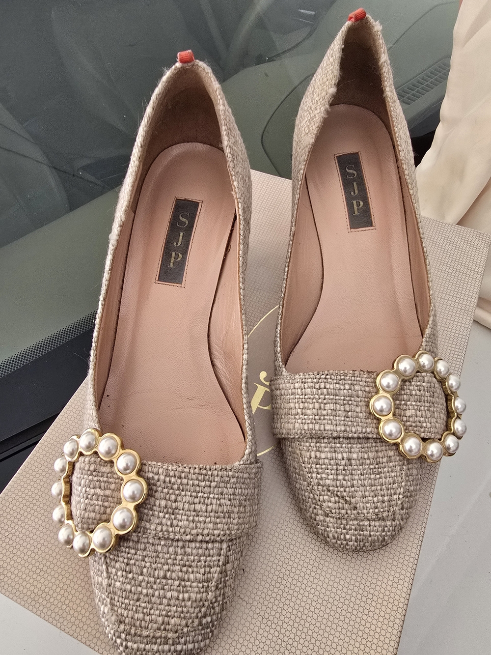 SJP by Sarah Jessica Parker Pearl-Embellished Woven Kitten Heel Loafers